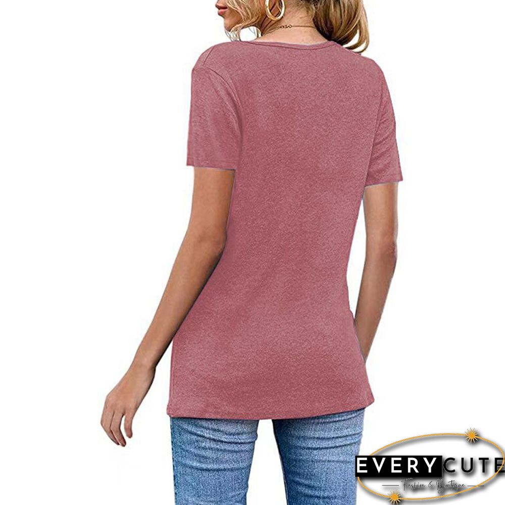 Watermelon Red Front Pleated V Neck T Shirt