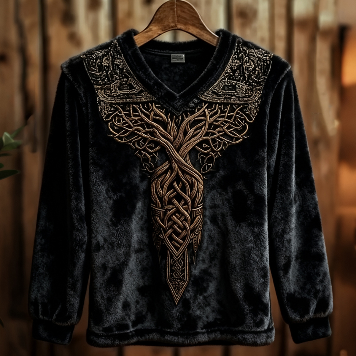 Men's Viking Pattern Art Flannel Cozy Warm V Neck Sweatshirt elevenforest