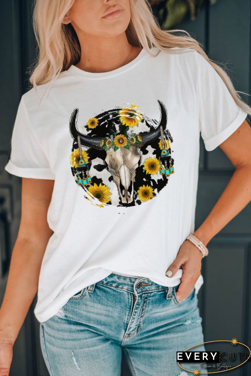 White Bull Skull With Sunflower Western Graphic Tee