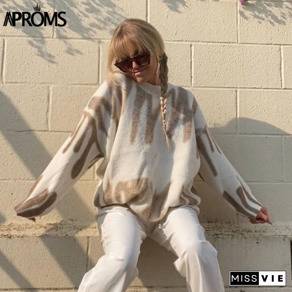 Aproms Korean Fashion Khaki Stripes Print Loose Sweaters Women Winter Hip-Pop Oversized