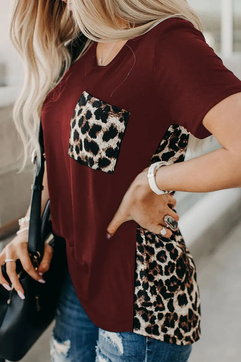 Printed Irregular V-Neck Pocket T-Shirt