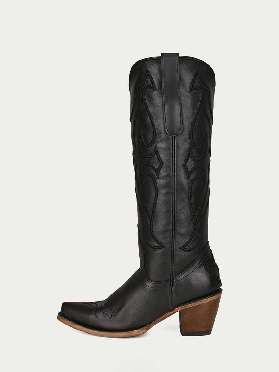 Black Vegan Leather Snip Toe Embroidered Knee-High Cowgirl Boots