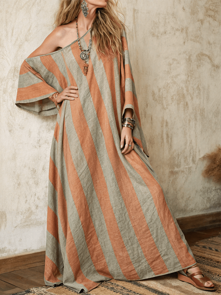 Comstylish Nomad Spirit Ladies' Colorful Stripe Art Linen Long Dress