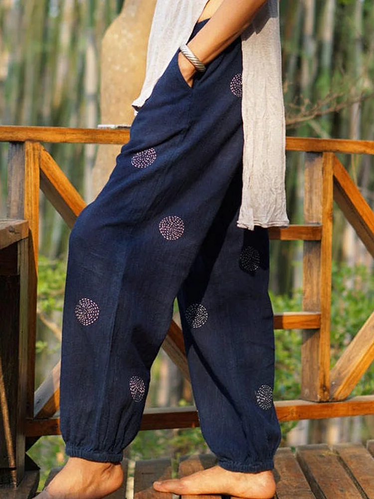 Blue Vintage Cotton-Blend Plain Pants