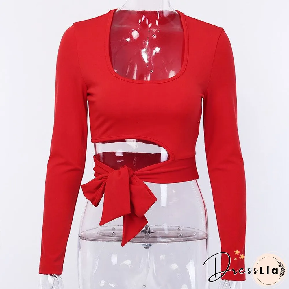Sexy Crop Woman Tshirts Fashion Slim Long Sleeeve Lace Up Top Spring Summer Casual Korean Solid Square Collar Women Clothing