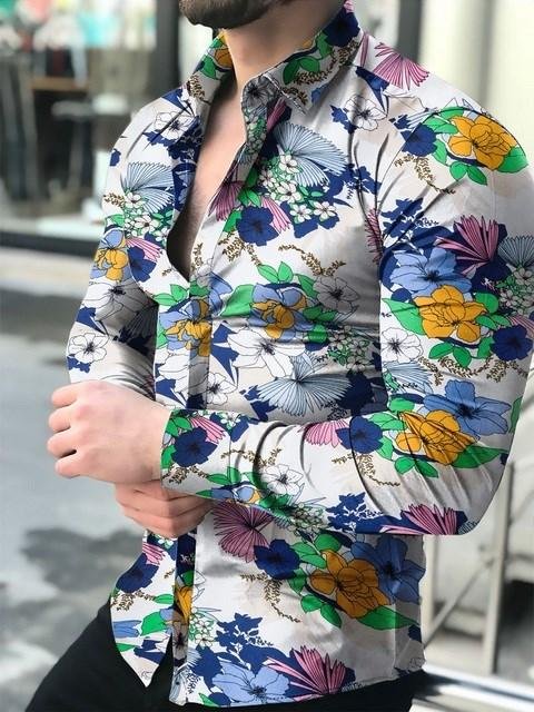 Floral print lapel collar long sleeve shirt