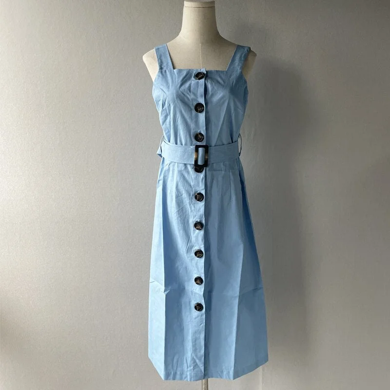 Toppies Green Cotton Mini Dress Summer for Woman Front Buttons Camisole Dress Split Square Collar Belt robe femme