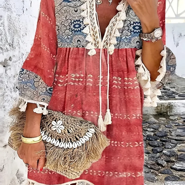 Retro Print Boho Dress, V Neck Tassels Casual Dress For Spring & Summer, Women's Clothing