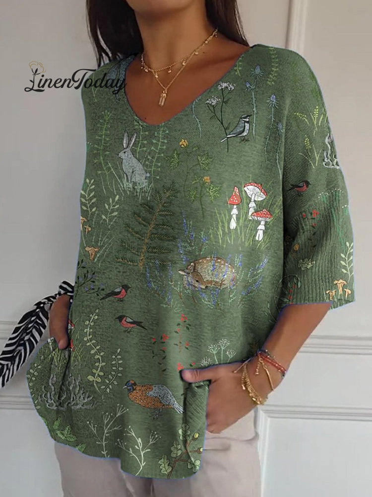 Woodland And Animals Repeat Pattern Printed Women’s Casual Pullover Knit Green / S