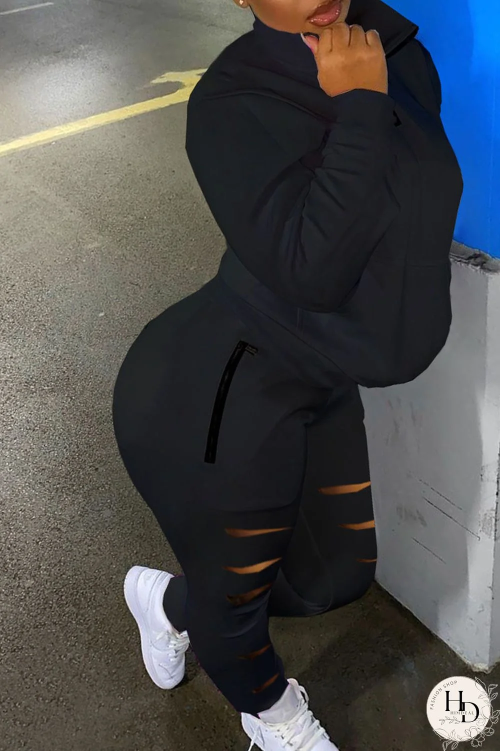 Black Casual Sportswear Solid Hollowed Out Patchwork Zipper Collar Long Sleeve Two Pieces