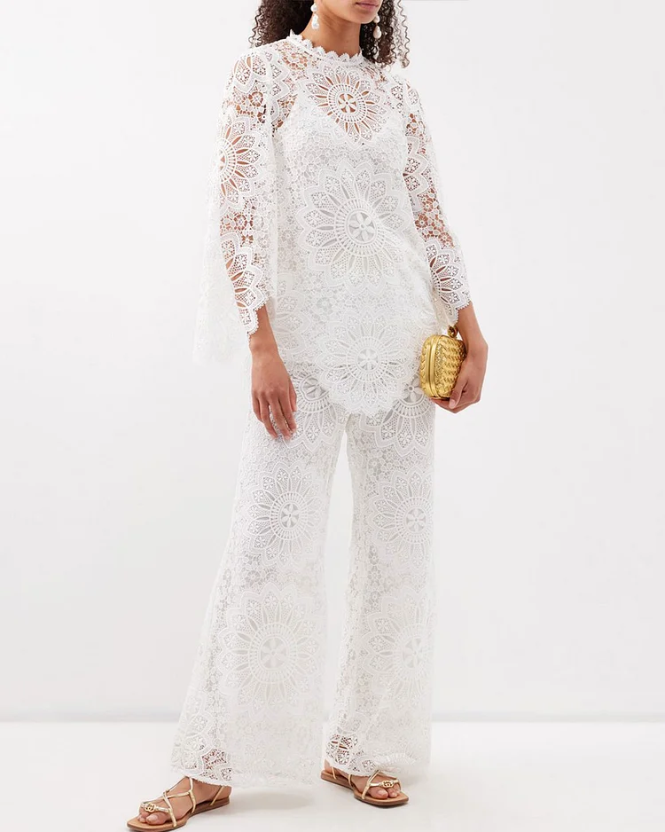 Embroidered lace top and pants two-piece set