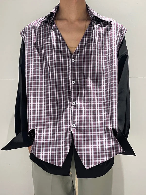 Aonga - Mens Plaid Print Irregular Hem Lapel Waistcoat