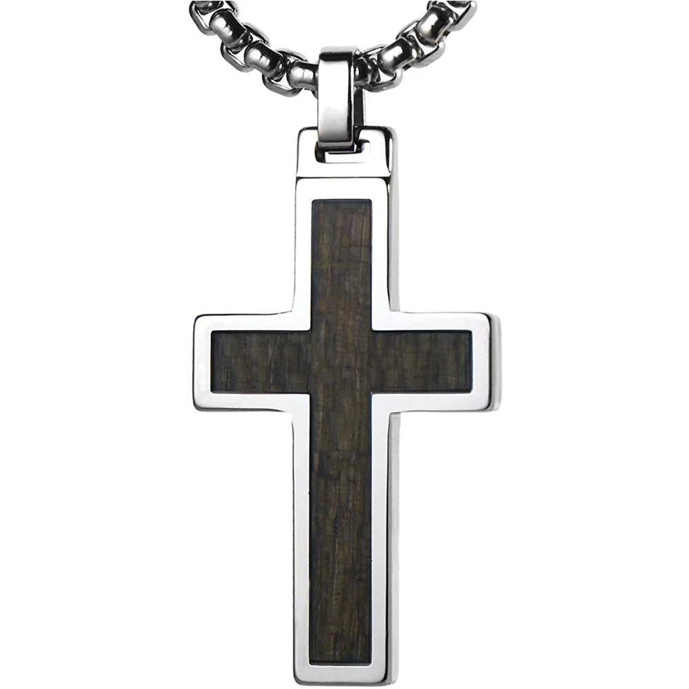Women's Or Men's Unique Tungsten Cross Pendant .4mm Wide Surgical Stainless Steel Box Chain. Grey Wood Inlay Necklace Jewelry Gifts For Mens And Womens