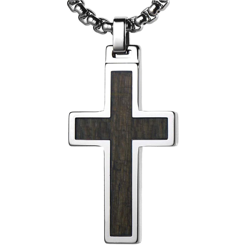 Women's Or Men's Unique Tungsten Cross Pendant .4mm Wide Surgical Stainless Steel Box Chain. Grey Wood Inlay Necklace Jewelry Gifts For Mens And Womens