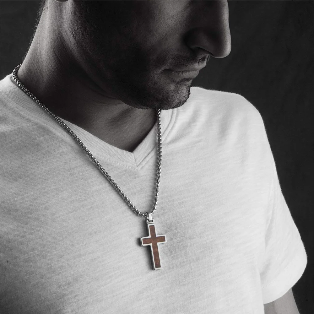 Women's Or Men's Unique Tungsten Cross Pendant .4mm Wide Surgical Stainless Steel Box Chain. Tungsten Cross Wood Inlay Necklace Jewelry Gifts For Mens And Womens