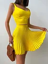 Sleeveless Solid Color Sexy Slim Pleated Skirt Two-Piece Suit