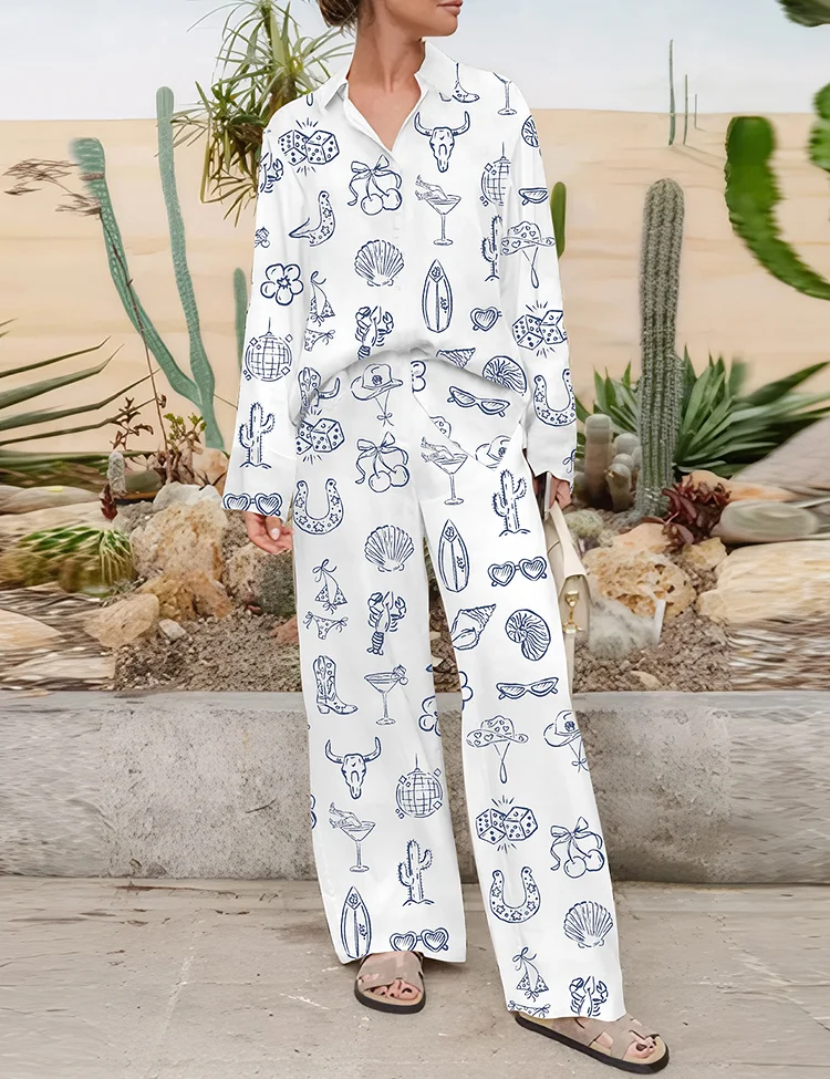 Women's Cowgirl Coastal Bachelorette Hand Drawn Whimsical Long Sleeve Leisure Set