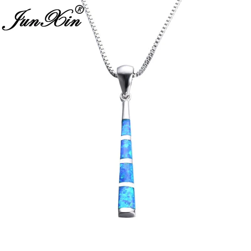 JUNXIN Silver Color Blue Fire Opal Baseball Bat Design Pendants Necklaces For Women Fashion Wedding Party Necklace