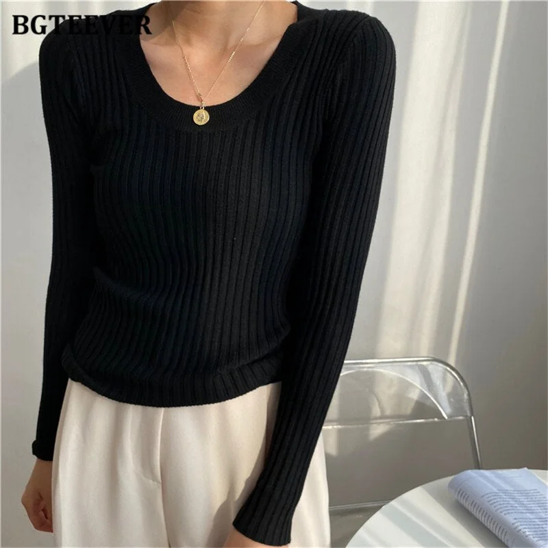 BGTEEVER Autumn Deep O-neck Women Basic Slim Warm Knitted Tops Casual Skinny Stretch Long Sleeve Female Pullover Sweaters 2020