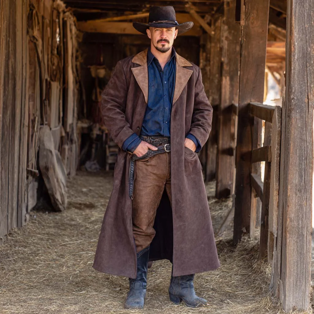 Men's Vintage Western Cowboy Brown Suede Contrast Long Trench Coat-inspireuse