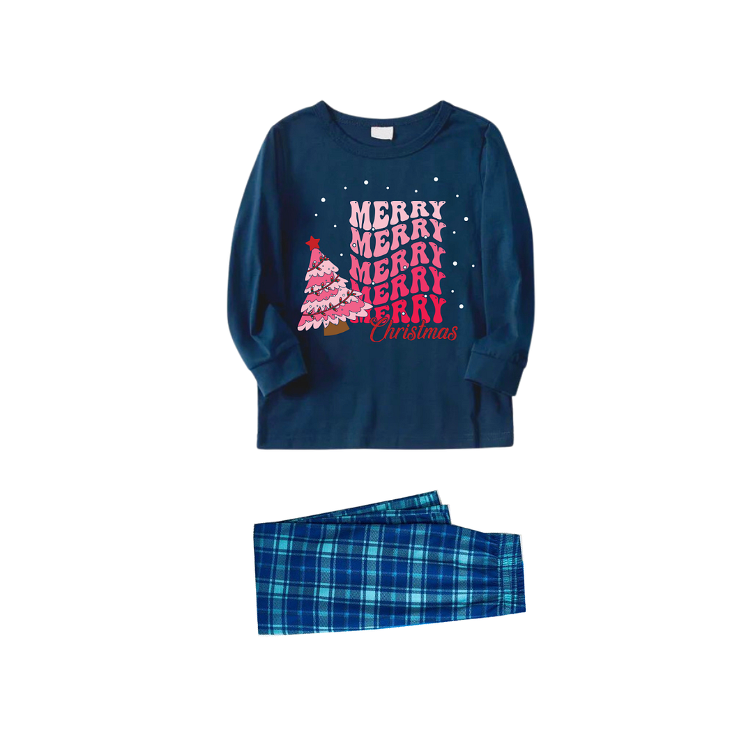"Merry Christmas" and Tree Printed Blue Long Sleeve Top With Blue Plaid Family Matching Pajamas