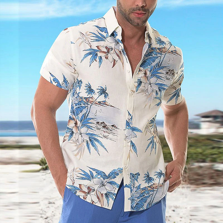 BrosWear Men'S Summer Hawaiian Coconut Tree Flowers Short Sleeve Shirt