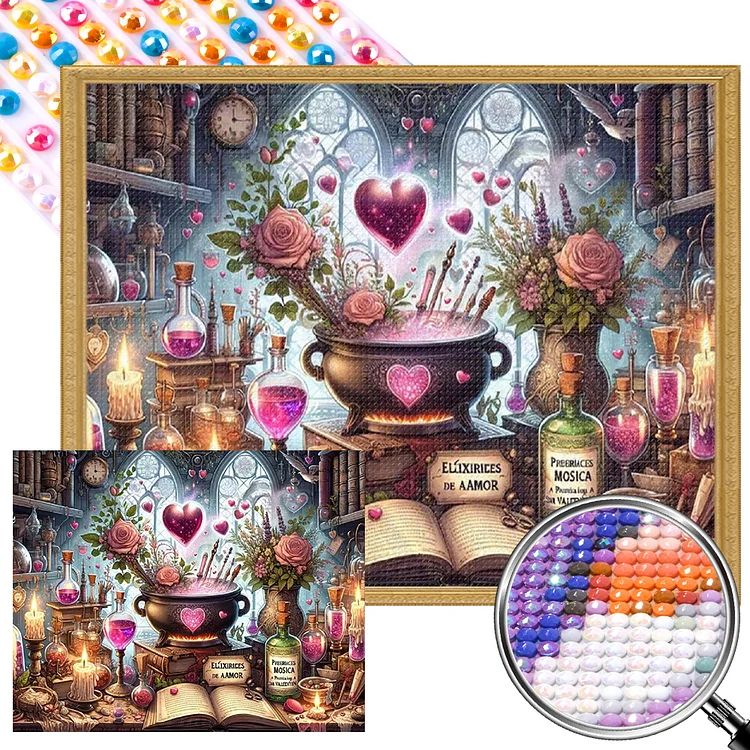 Partial AB Drill - Full Round Diamond Painting - Potion Cauldron On The Table 50*40CM