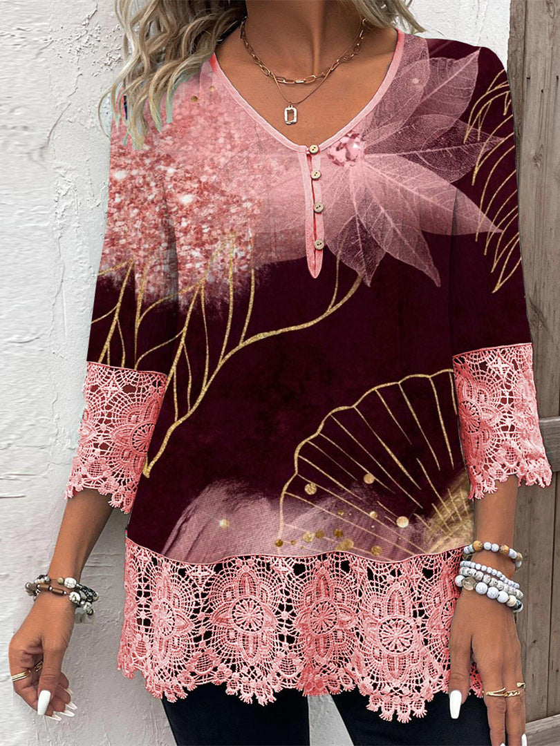 Women Long Sleeve V-neck Graphic Floral Printed Top