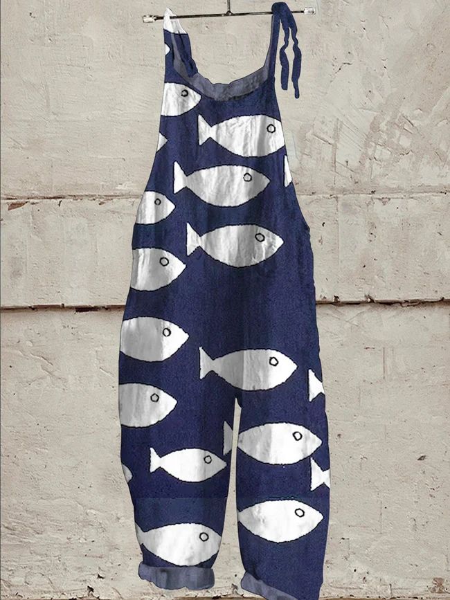 Sea Fish Pattern Printed Women's Casual 100% Cotton Wide Leg Jumpsuit