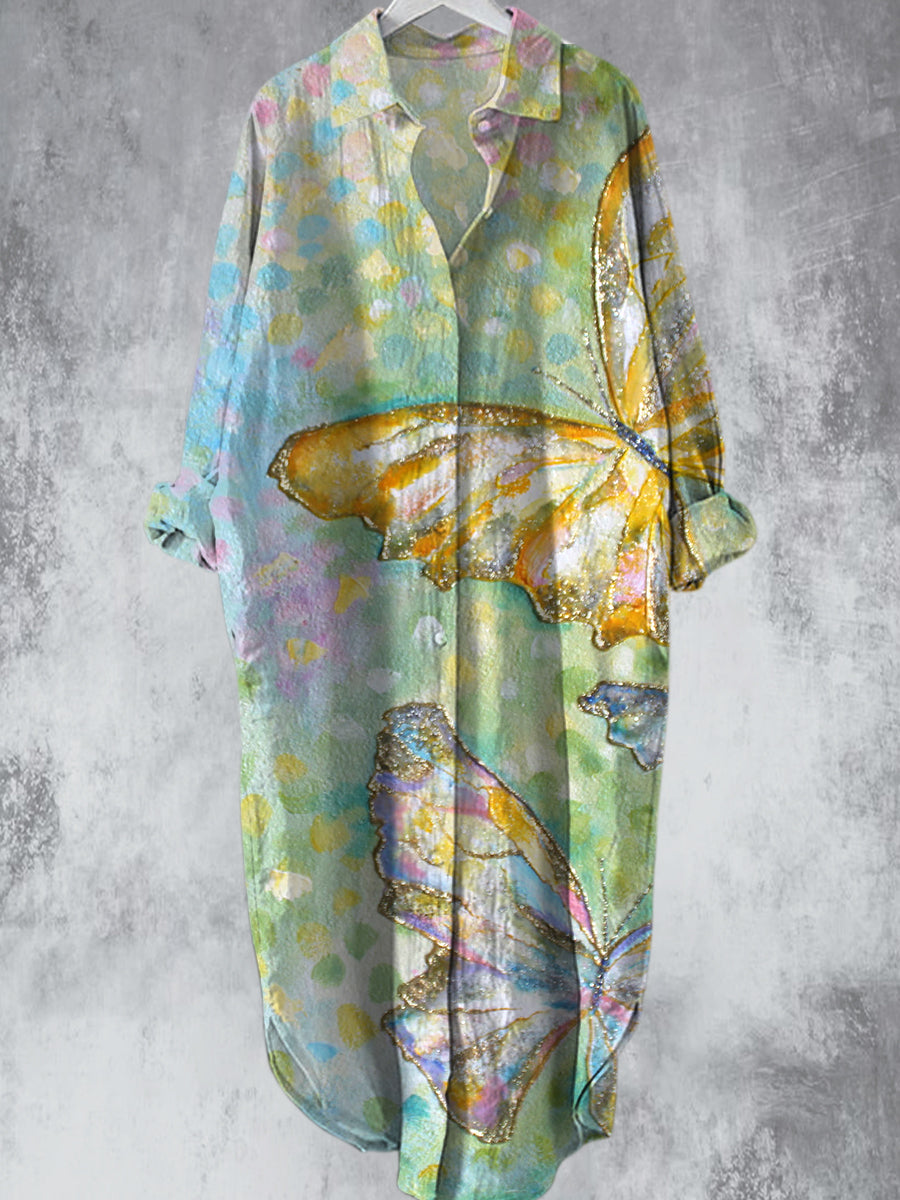 Spring Color Butterfly Printed V-Neck Lapel Button Loose Midi Shirt Dress