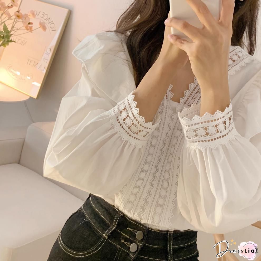 Womens Long sleeve shirt chiffon blouse ruffle neck irregular streetwear casual loose