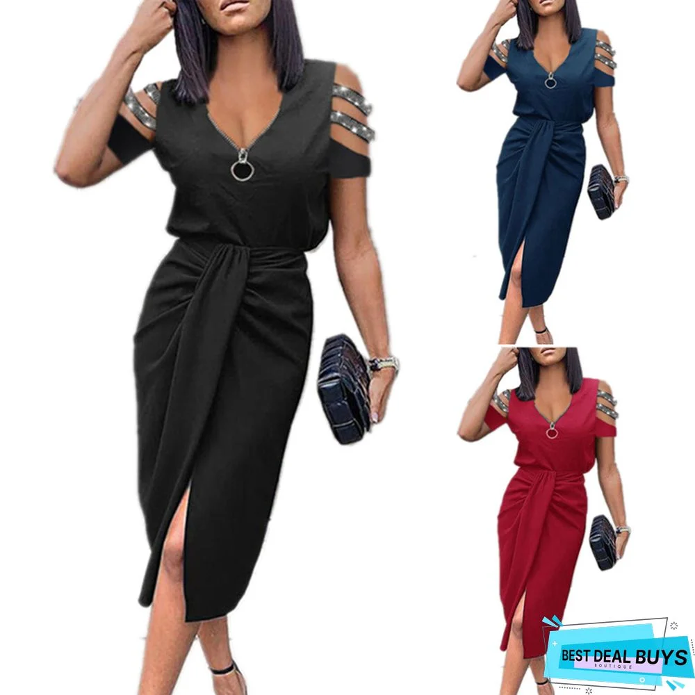 Solid Color Zipper Skirt Hollow Out Pleated Short Sleeve V-neck Dress