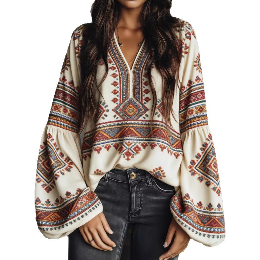 Linen Bohemian Embroidered Top Women's Loose Long Sleeve Peasant Blouse Ethnic Vintage Style Summer Casual Shirt - Helixace