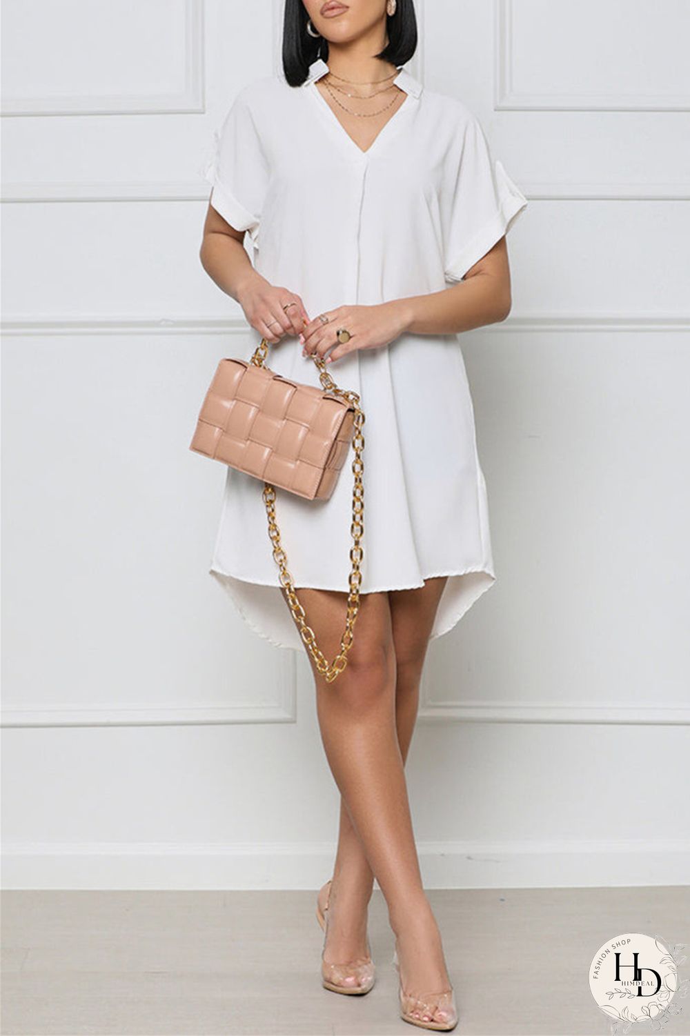 White Fashion Casual Solid Patchwork V Neck Short Sleeve Dress
