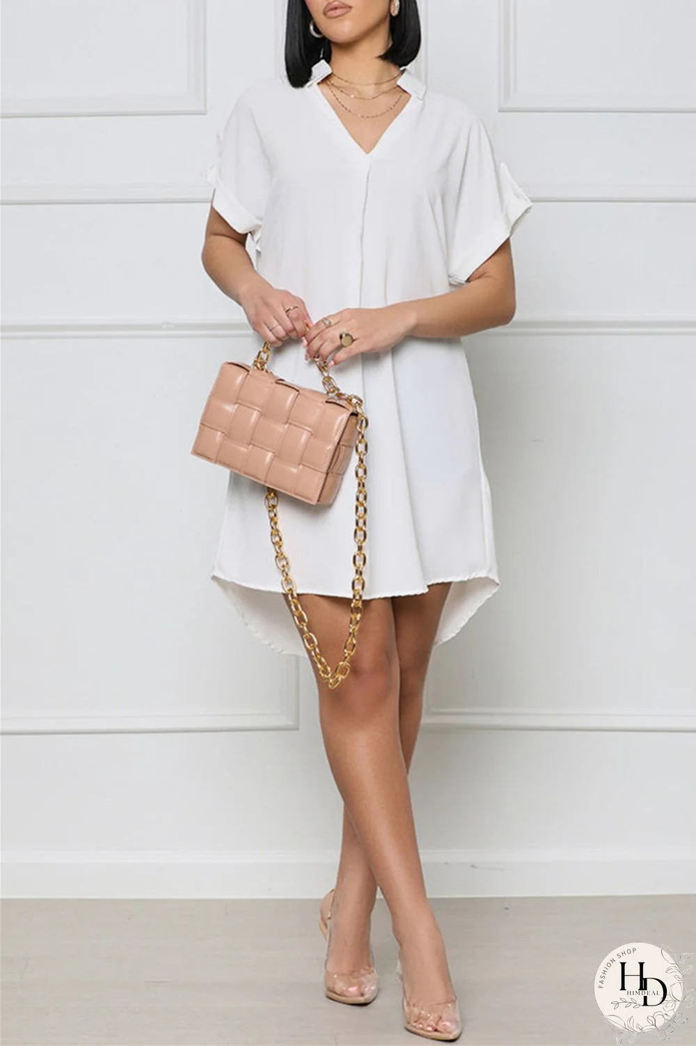 White Fashion Casual Solid Patchwork V Neck Short Sleeve Dress