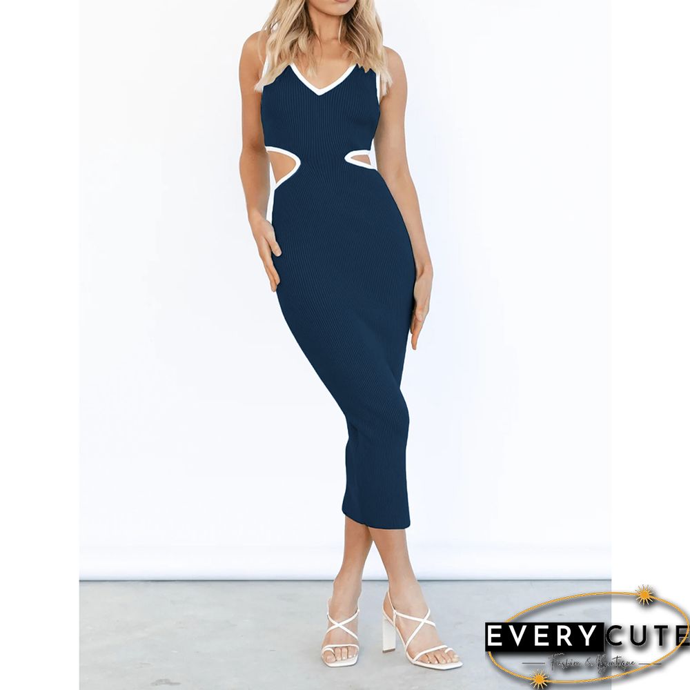 Navy Blue Cut-out V Neck Ribbed Bodycon Dress