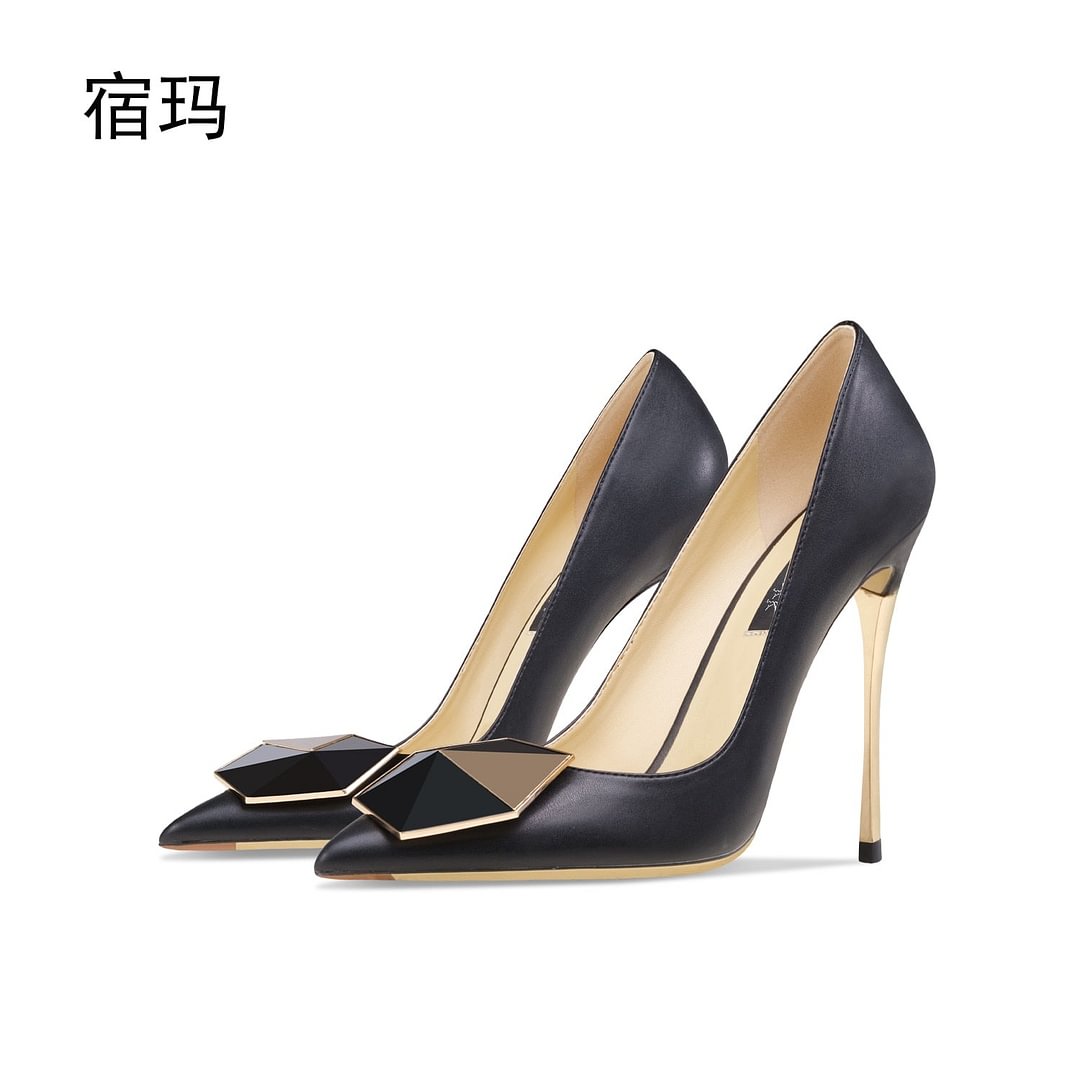 Real Leather Pointed Toe Metal Button High-Heeled Exquisite Elegant Single Shoes 10cm High Heel Ladies Party Sexy Women's Shoes