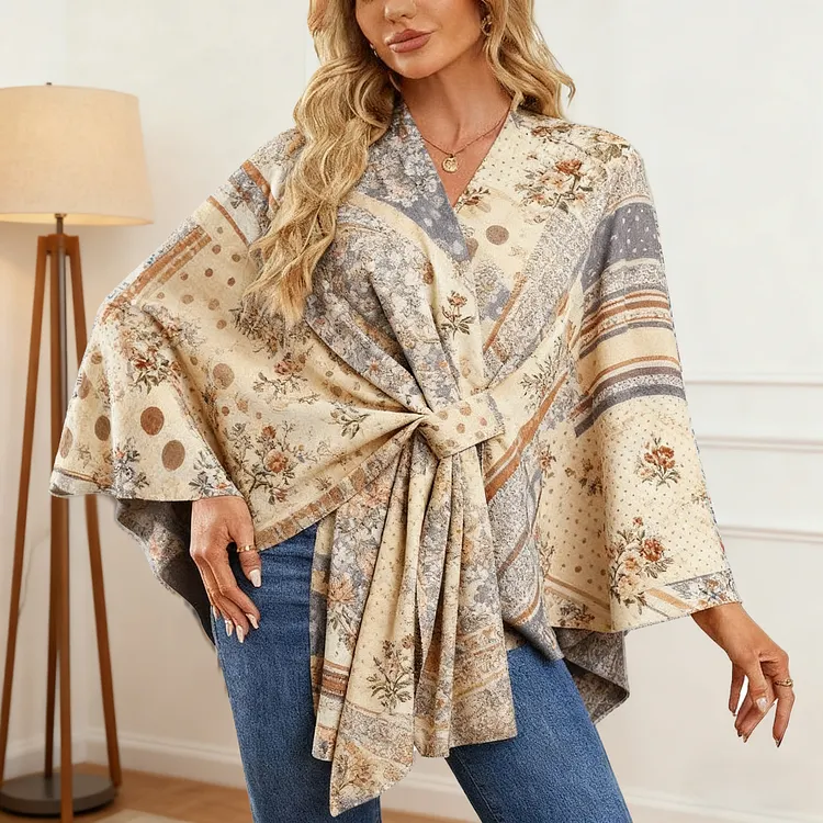 Vintage printing Elegant Shawl Wraps Soft Open Front Poncho Sweater 