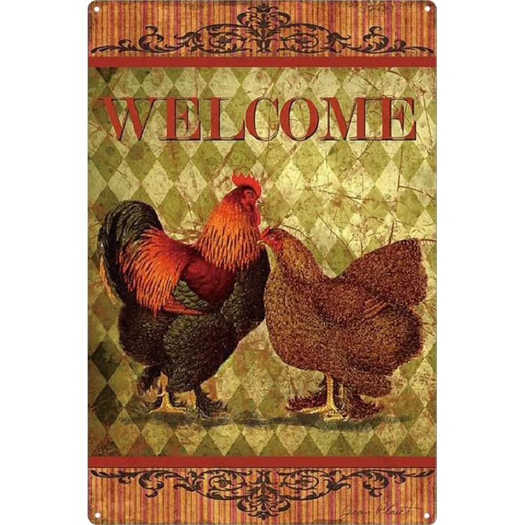 Poulet - signes en étain vintage de bienvenue / panneaux en bois - 7.9x11.8in & 11.8x15.7in