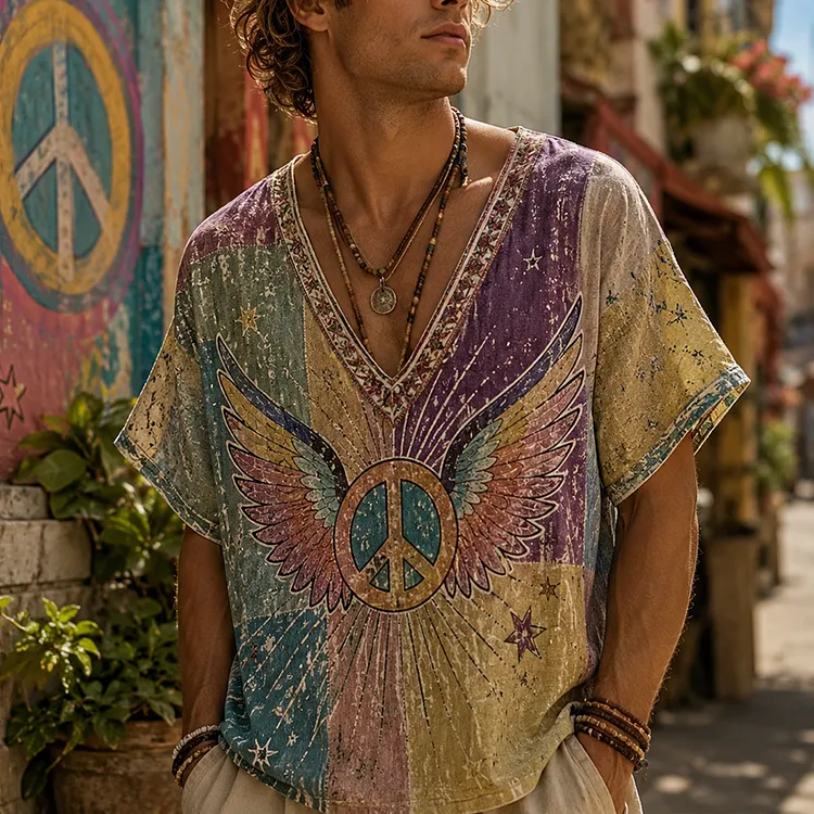 Men's Boho Patchwork Peace Sign & Angel Wings V-neck Short-sleeve Top