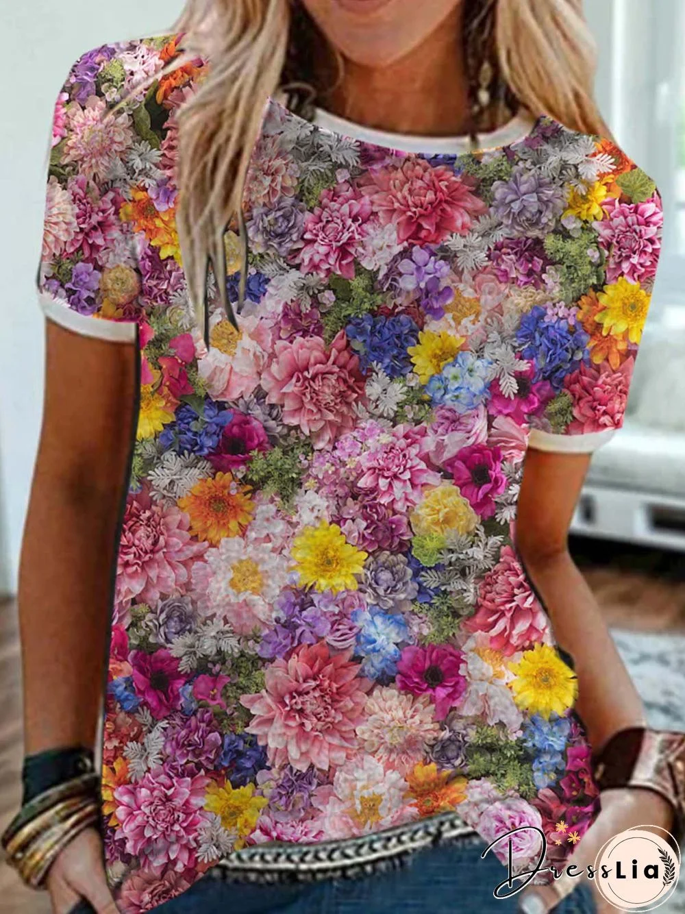 Floral Short Sleeve Printed Cotton-blend Crew Neck Casual Summer Pink Top