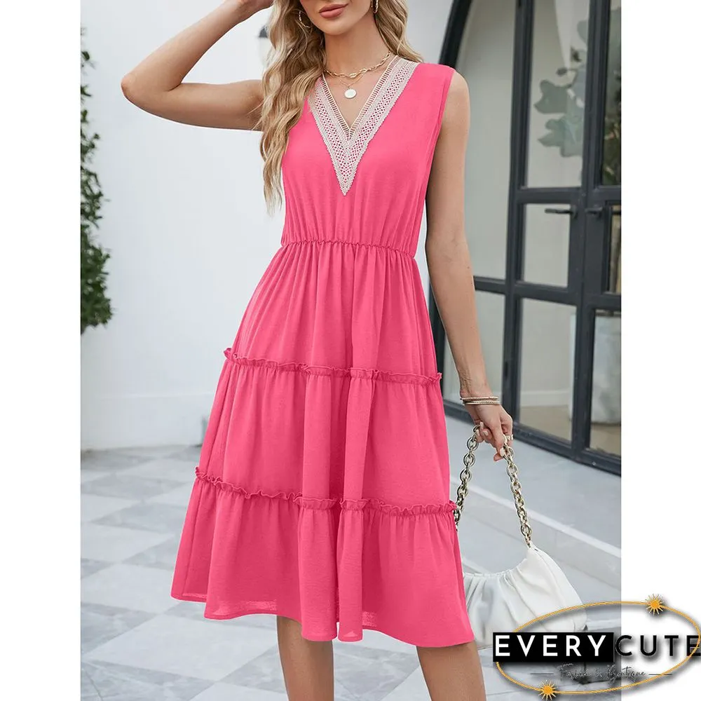 Rose Lace V Neck Tiered Sleeveless Casual Dress