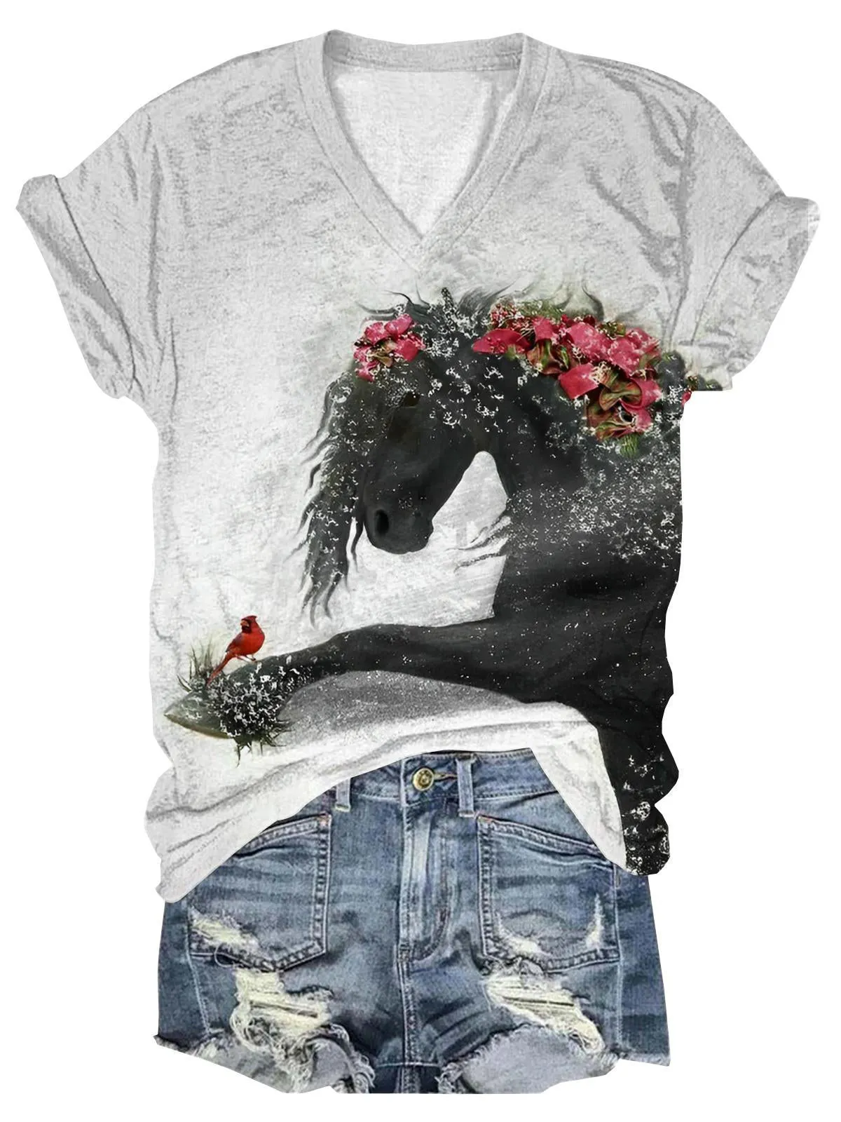 Horse Floral Print V-Neck T-Shirt