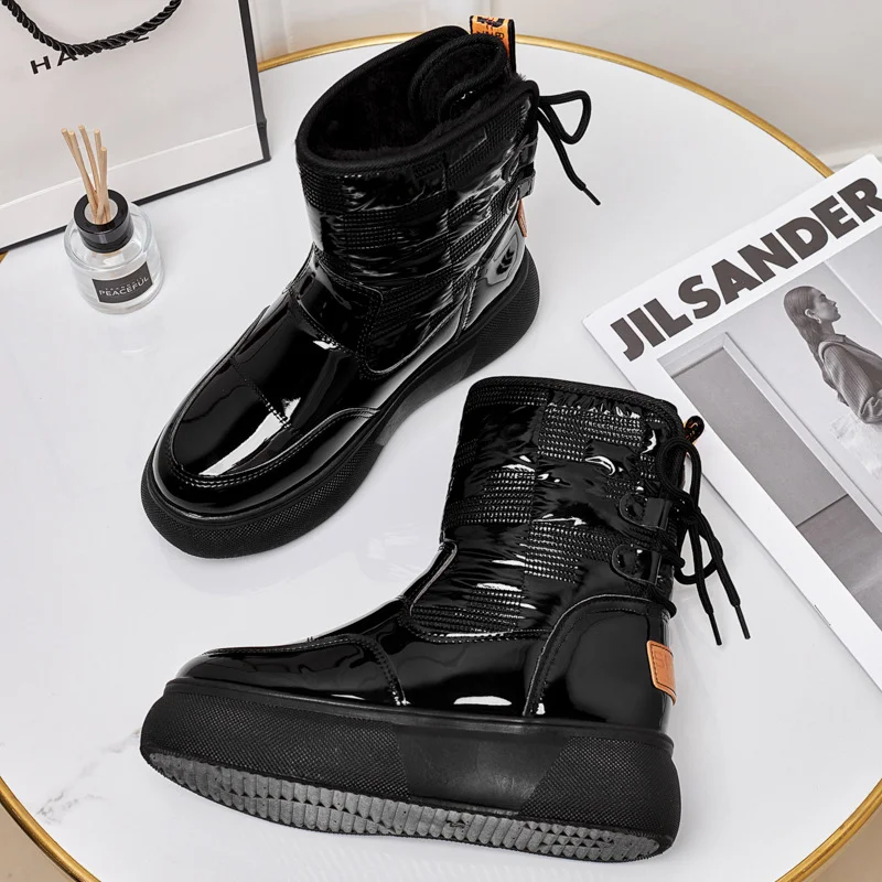 Breakj Breakj Boots Women's Short-Term 2023 New Women's Shoes Winter Plus Thick Patent Leather Short Leather Flat Cotton Shoes Korean Version Of Casual