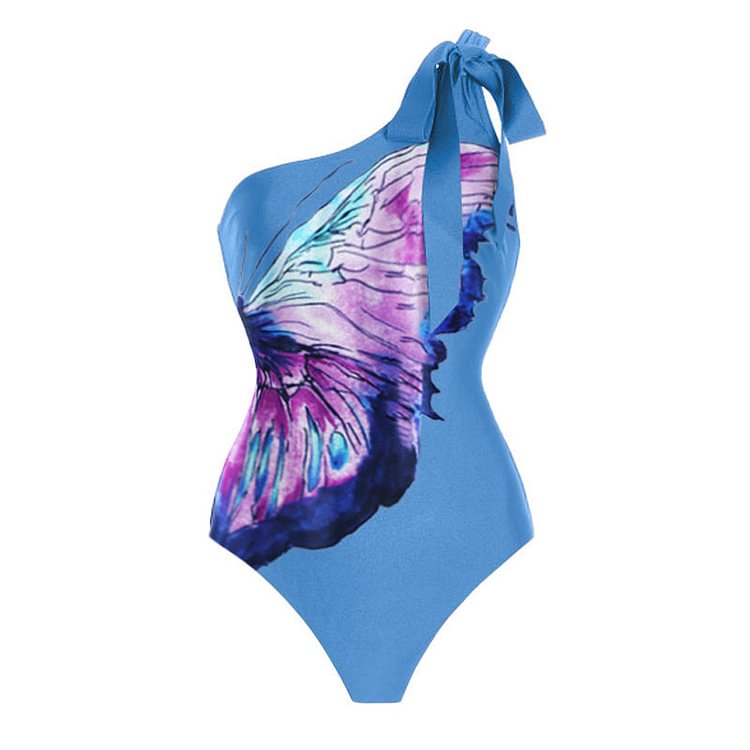 One Shoulder Butterfly Print One Piece Swimsuit and Men's Swim Trunks