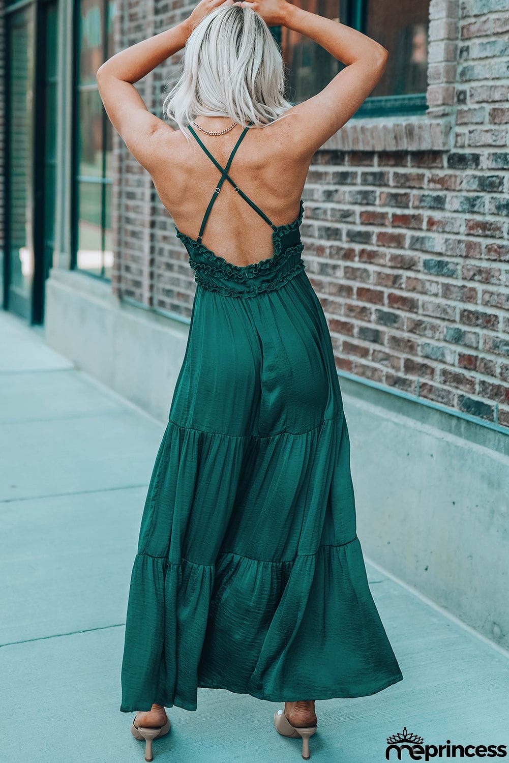 Cross Back Frilled Sleeveless Tiered Maxi Dress