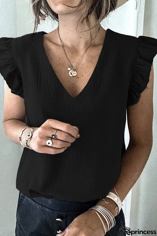Casual T-shirt Solid V-neck Pullover Ruffle Sleeve Top