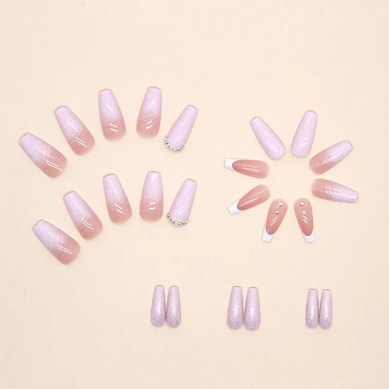 Churchf Churchf Long Pink Lines Simple Pure To Drill Fake Nails Ins Wind Wear A Fashion Beauty A Piece