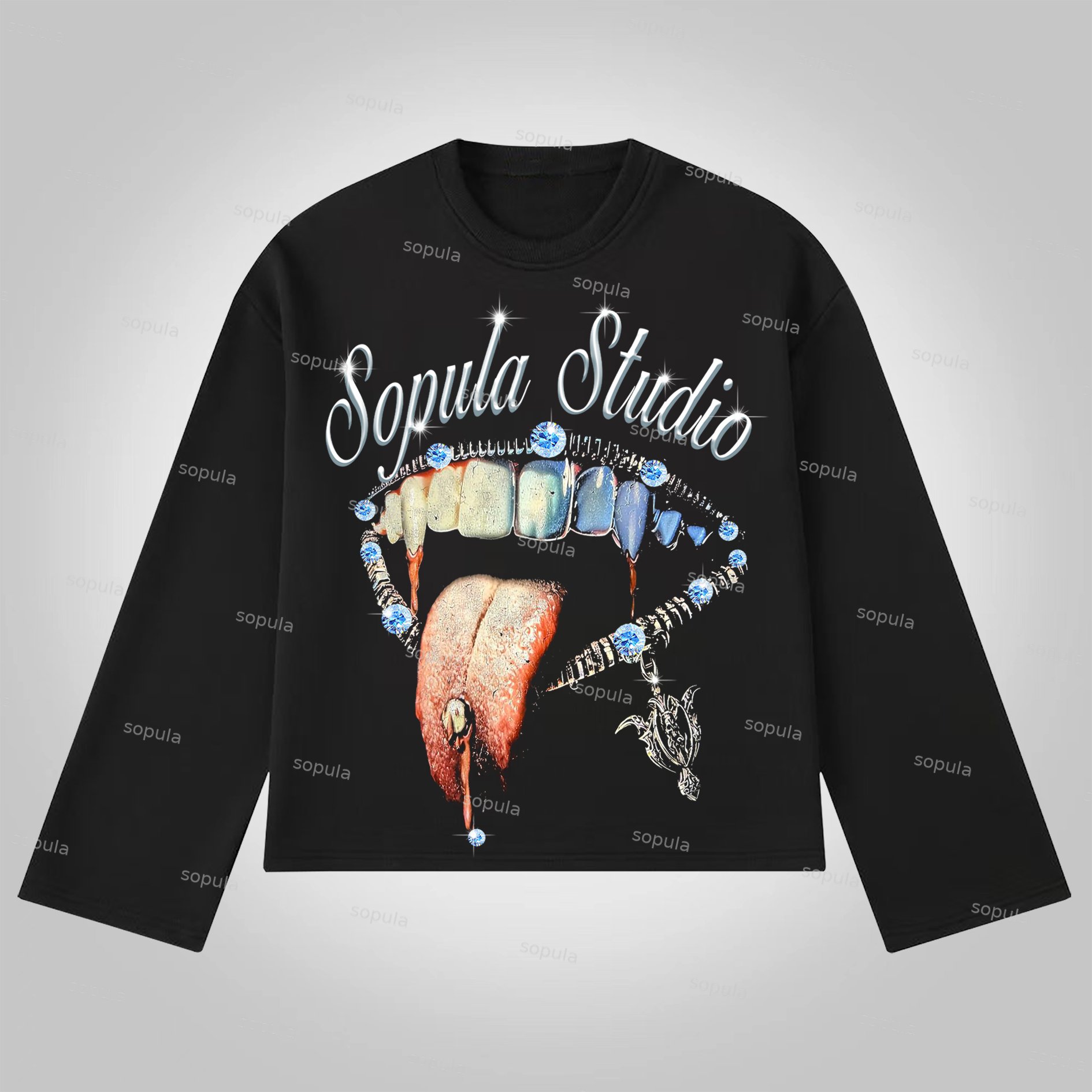 Sopula Studio Lips Diamond Graphic Print Cotton Long Sleeve T-Shirt - Sopula｜Premium Graphic Tees & Graphic Clothing