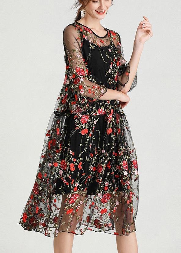 Plus Size Black Embroidery Lace Dress Half Sleeve Women Sets 2 Pieces
